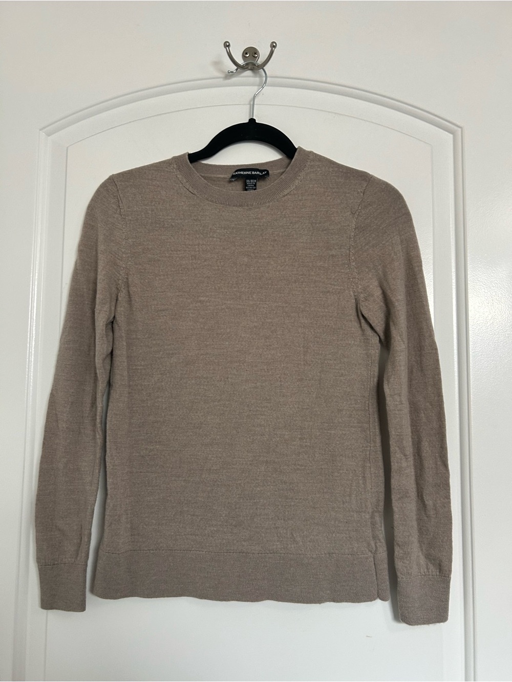 Katherine Barclay 100% Merino Wool Crewneck Sweater in Taupe size XS chic preppy